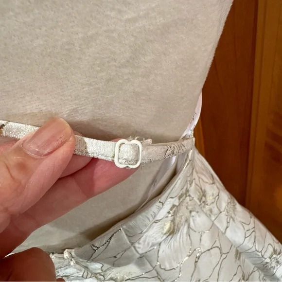 LULUS.Shiny Ivory & Gold Jacquard Mini Dress. Size S. Adjustable Straps. - Picture 6 of 10